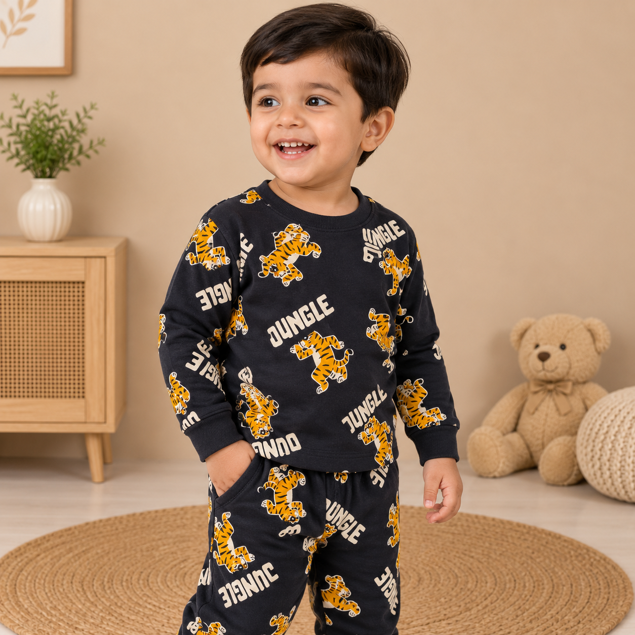 Boys Charcoal Jungle Tiger Cotton Loungewear Set