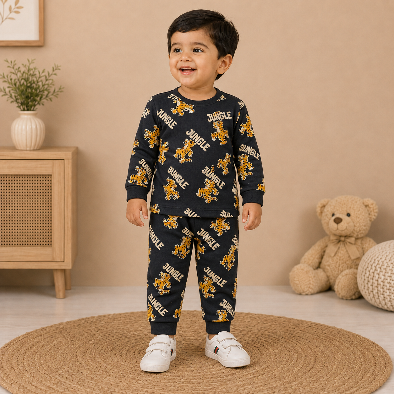 Boys Charcoal Jungle Tiger Cotton Loungewear Set