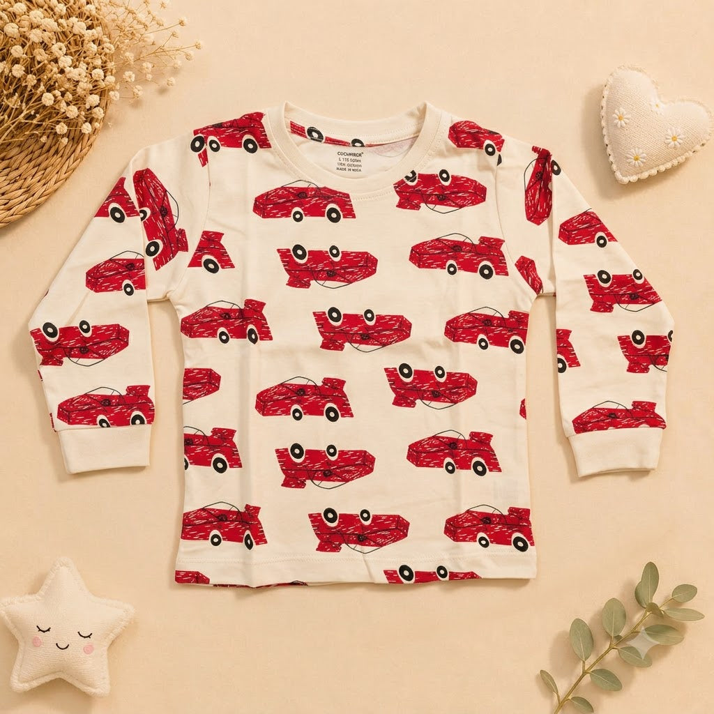 Boys Cream Red Race Car Cotton Loungewear Set