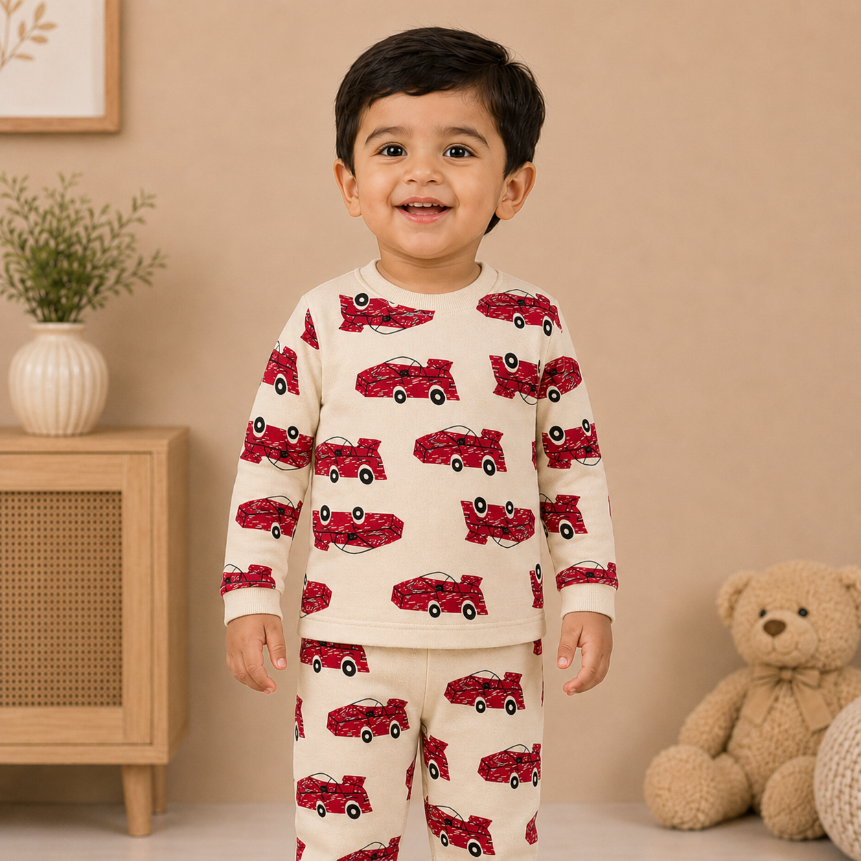 Boys Cream Red Race Car Cotton Loungewear Set