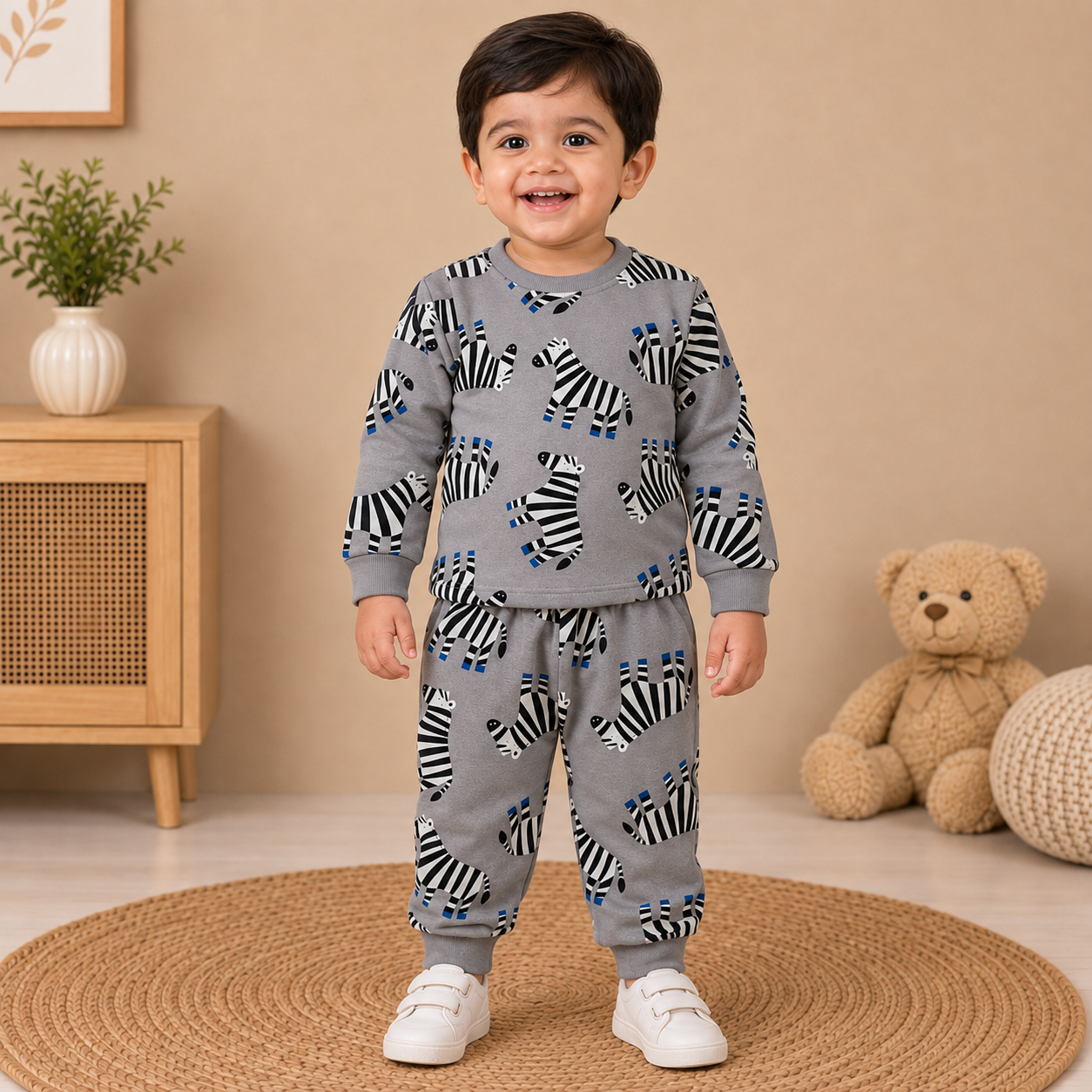 Boys Grey Safari Zebra Cotton Loungewear Set