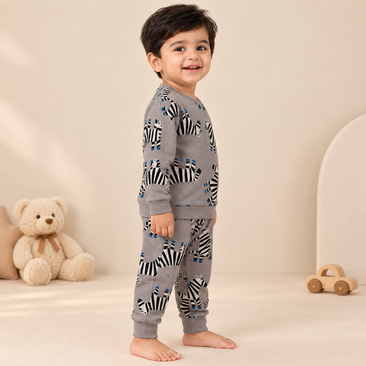 Boys Grey Safari Zebra Cotton Loungewear Set