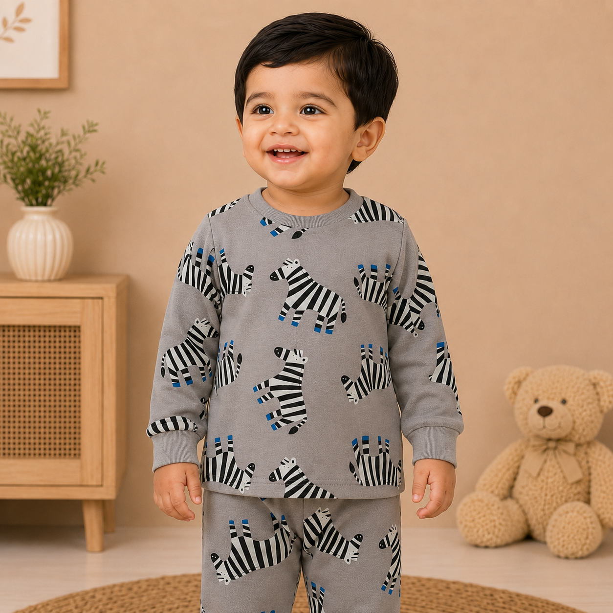 Boys Grey Safari Zebra Cotton Loungewear Set