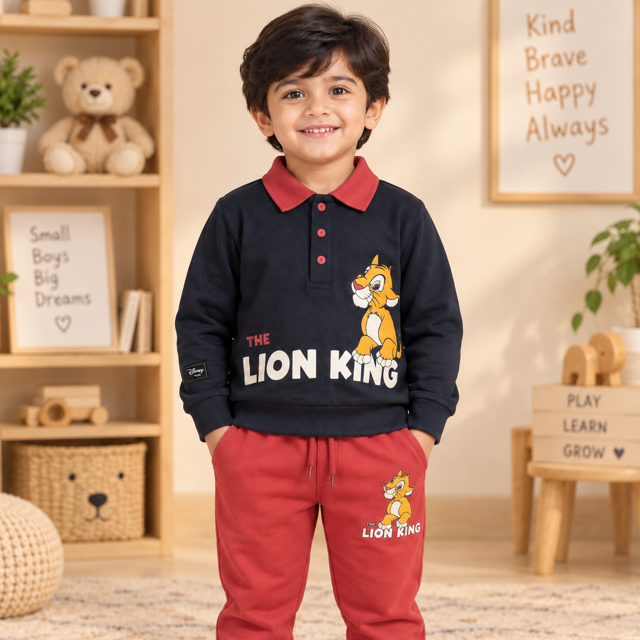 Boys Charcoal Grey & Rust Red Lion King Simba Polo Sweatshirt & Jogger Set