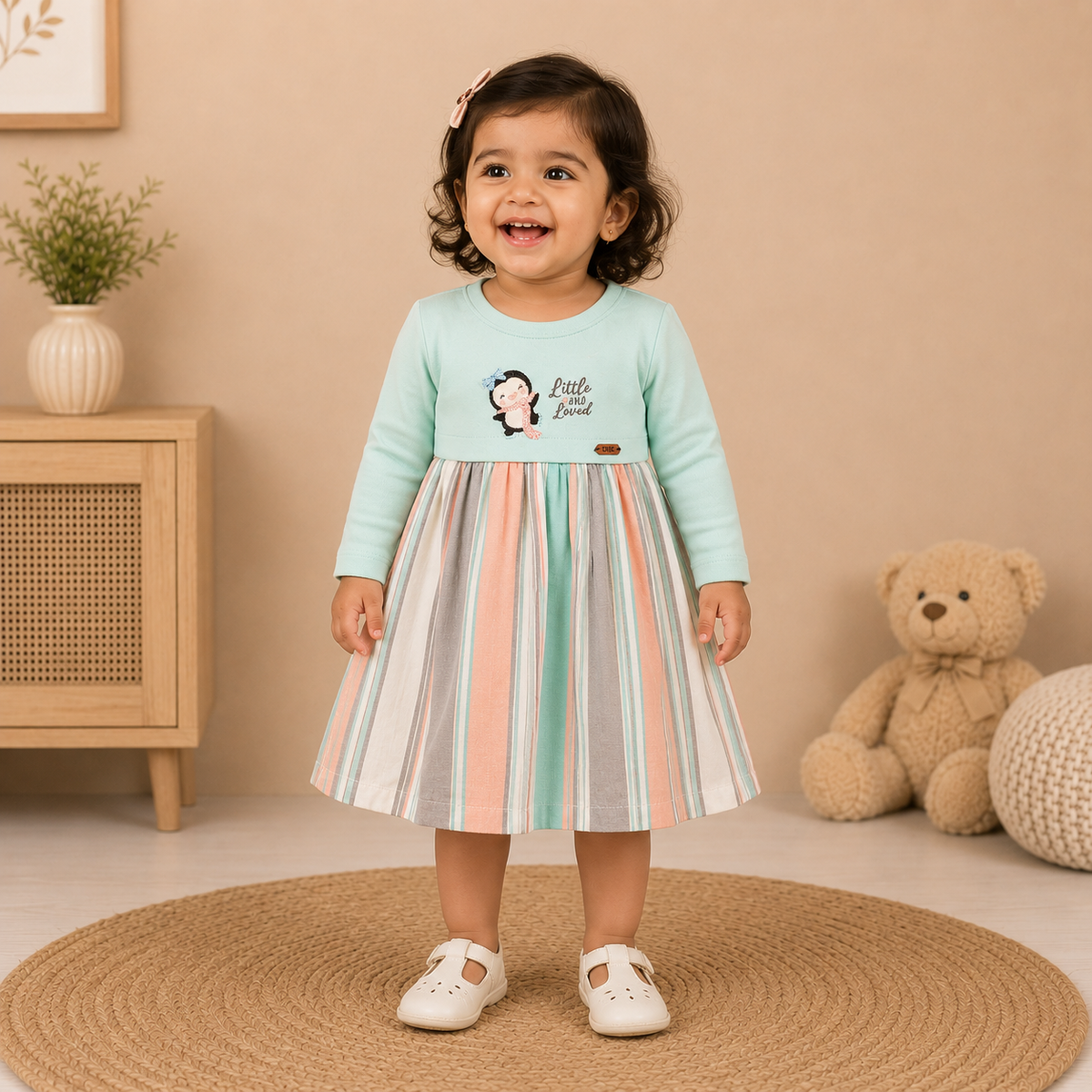 Baby Girls Mint Green Striped Penguin Frock