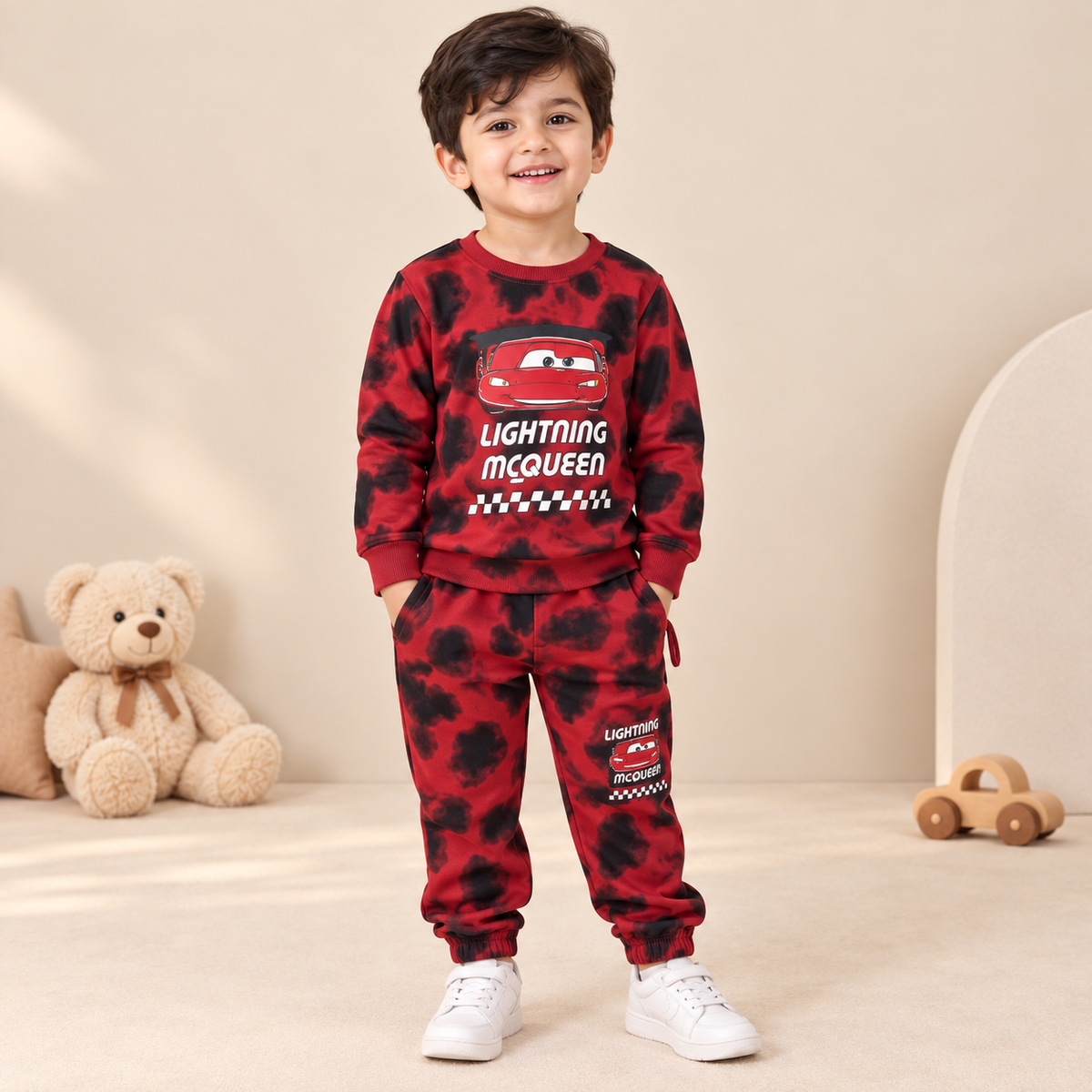Boys Red Tie-Dye Lightning McQueen Cotton Jogger Set