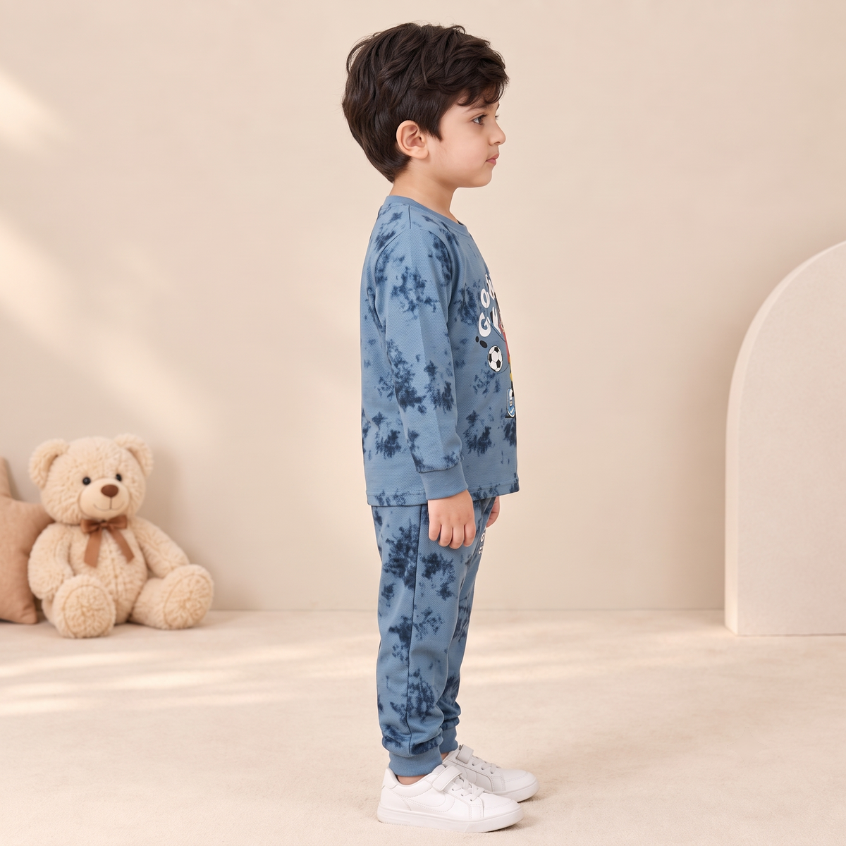 Boys Blue Tie-Dye Cartoon Football Cotton Jogger Set