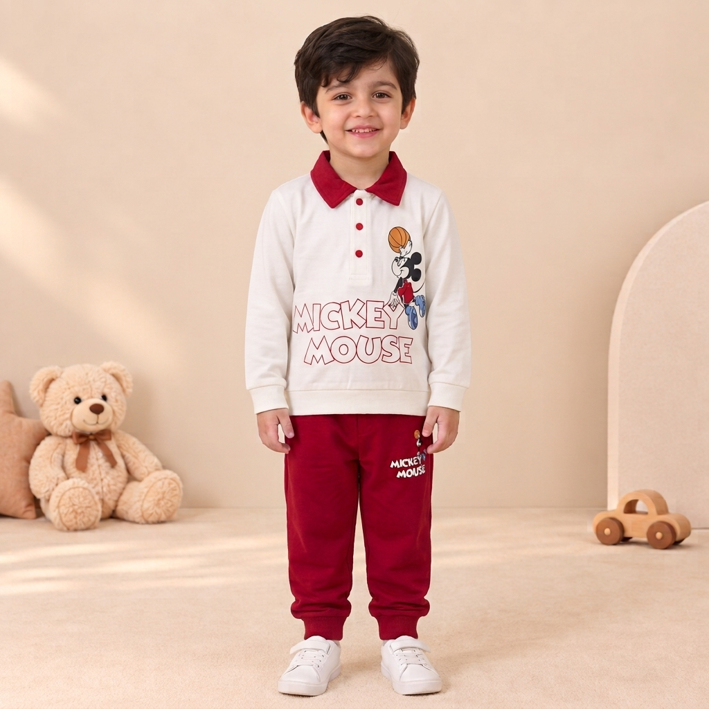 Boys Cream & Maroon Mickey Mouse Polo Sweatshirt & Jogger Set