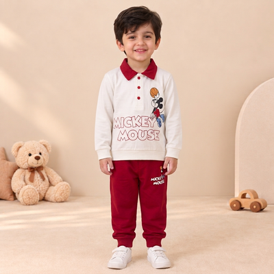 Boys Cream & Maroon Mickey Mouse Polo Sweatshirt & Jogger Set