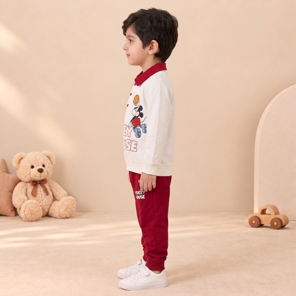 Boys Cream & Maroon Mickey Mouse Polo Sweatshirt & Jogger Set
