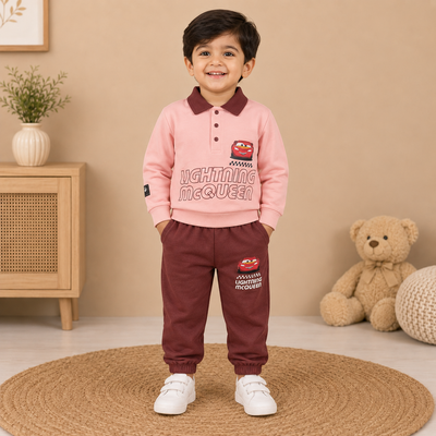 Boys Dusty Pink & Maroon Lightning McQueen Polo Sweatshirt & Jogger Set