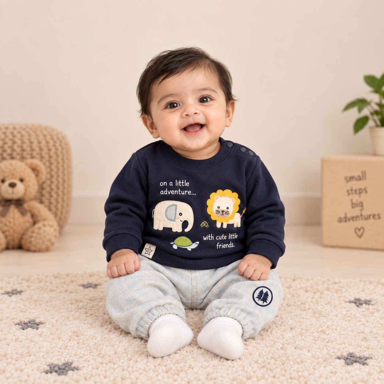 Boys Navy Blue Safari Friends Loop Knit Sweatshirt & Jogger Set