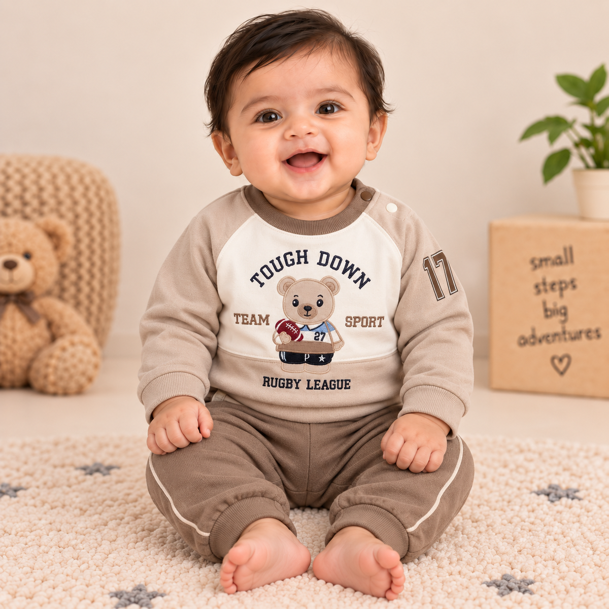 Baby Boys Beige & Mocha Rugby Bear Sweatshirt & Diaper Pant Set