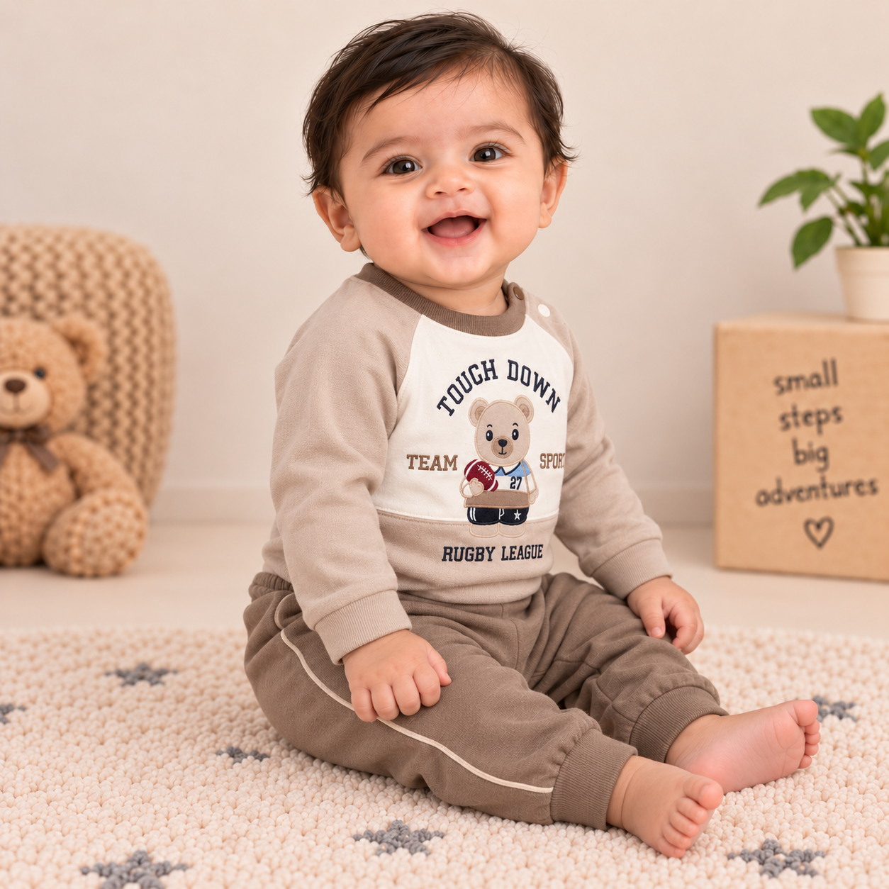 Baby Boys Beige & Mocha Rugby Bear Sweatshirt & Diaper Pant Set