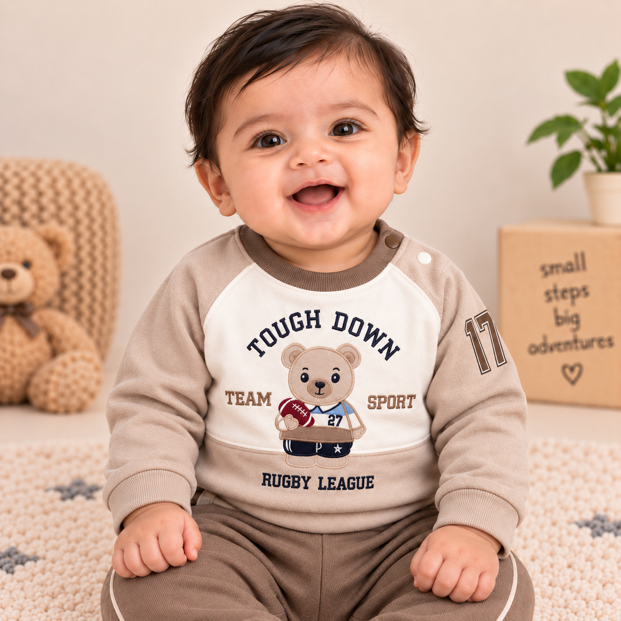 Baby Boys Beige & Mocha Rugby Bear Sweatshirt & Diaper Pant Set