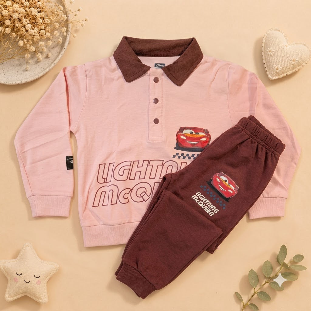 Boys Dusty Pink & Maroon Lightning McQueen Polo Sweatshirt & Jogger Set