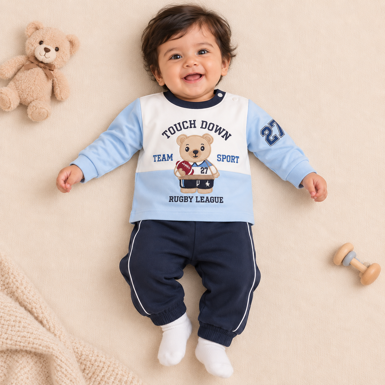 Baby Boys Beige & Mocha Rugby Bear Sweatshirt & Diaper Pant Set