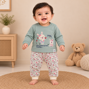 Baby Girls Sage Green Bunny & Floral Diaper Pant Set