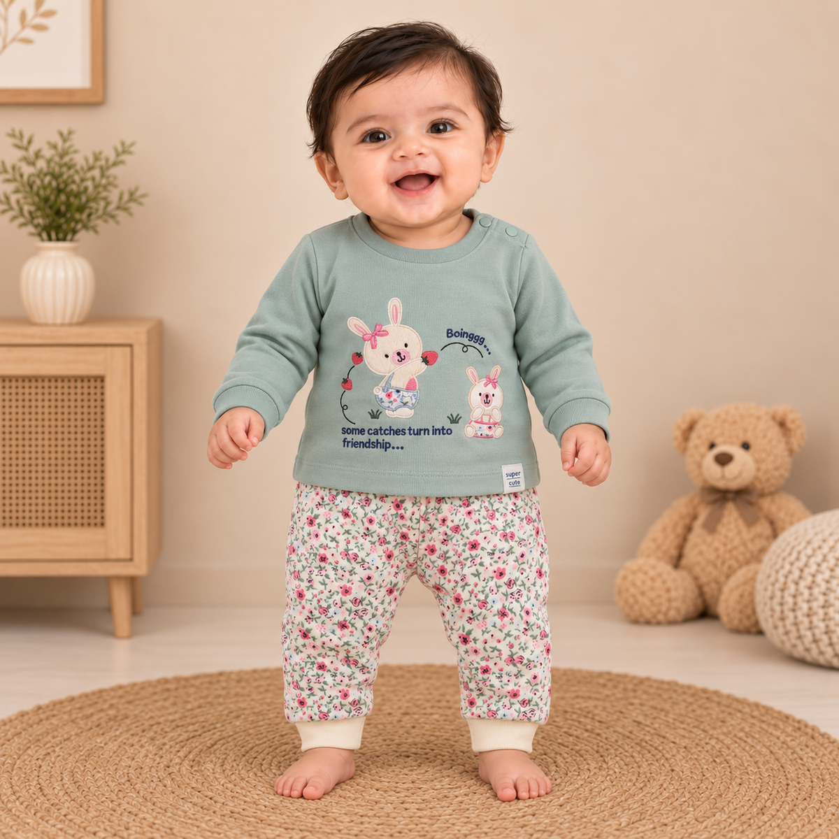 Baby Girls Sage Green Bunny & Floral Diaper Pant Set