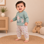 Baby Girls Sage Green Bunny & Floral Diaper Pant Set