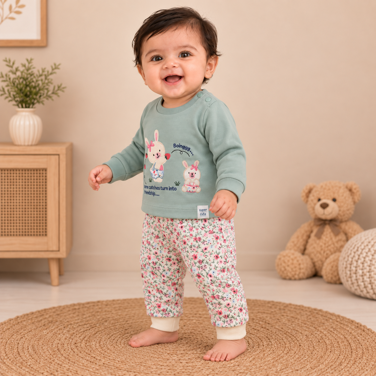 Baby Girls Sage Green Bunny & Floral Diaper Pant Set