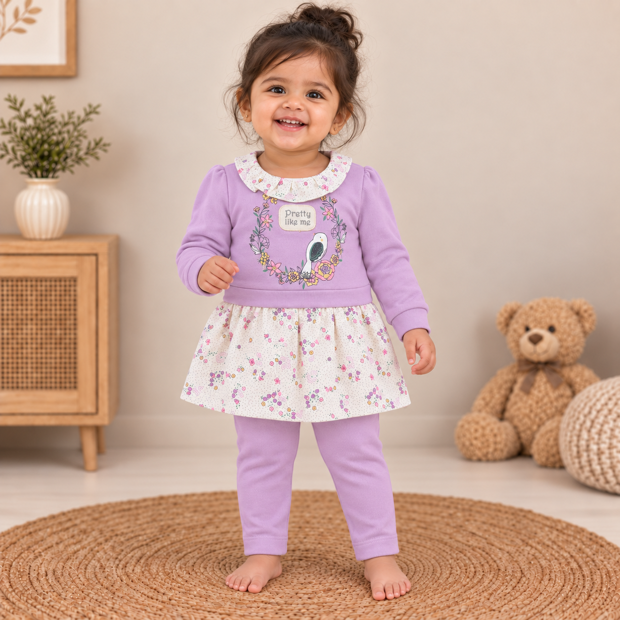 Baby Girls Lavender Floral Bird Frock & Legging Set