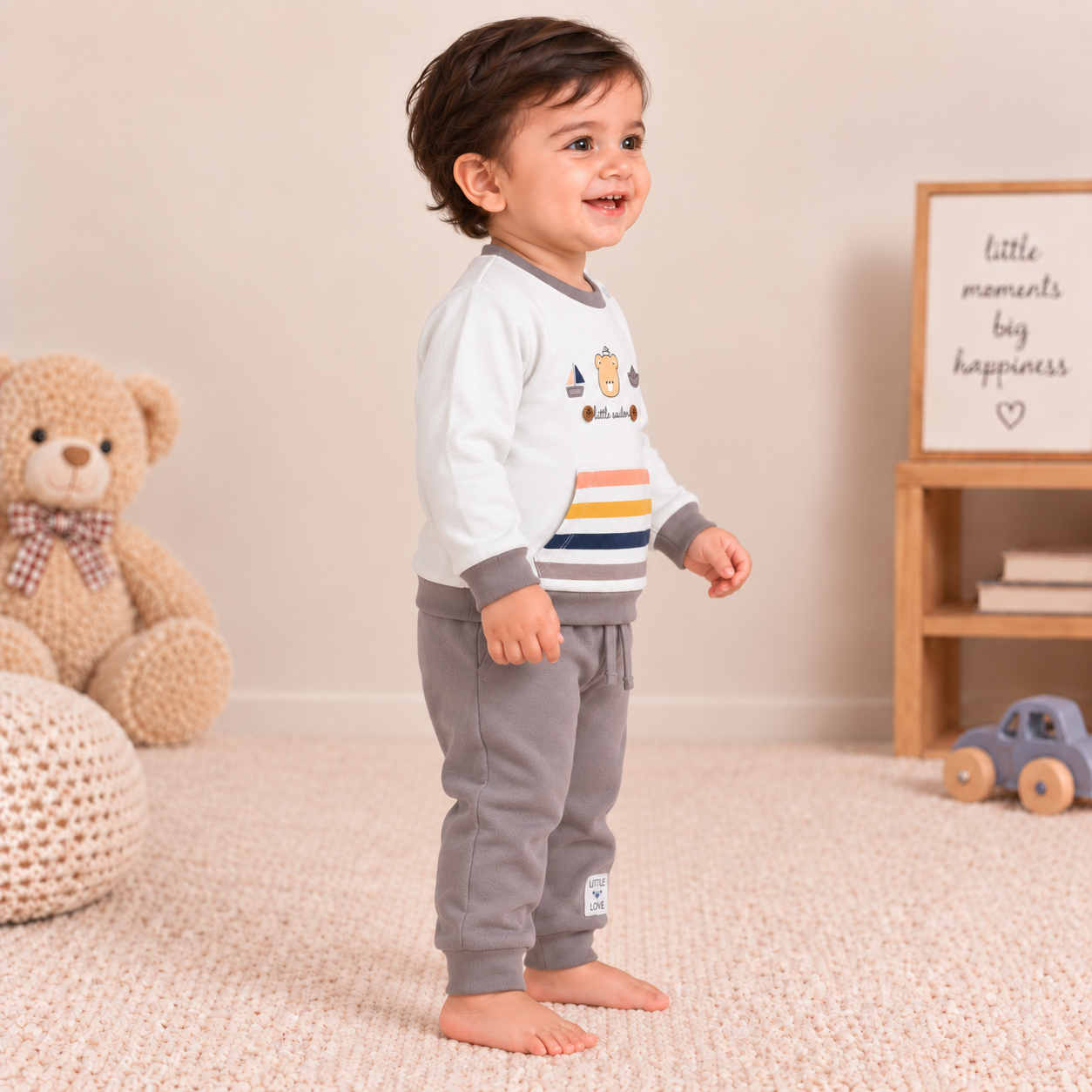 Boys Ice Blue & Charcoal Little Sailor Kangaroo Pocket Sweatshirt Set