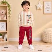 Boys Beige Striped Pinocchio Sweatshirt & Deep Red Jogger Set