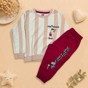 Boys Beige Striped Pinocchio Sweatshirt & Deep Red Jogger Set