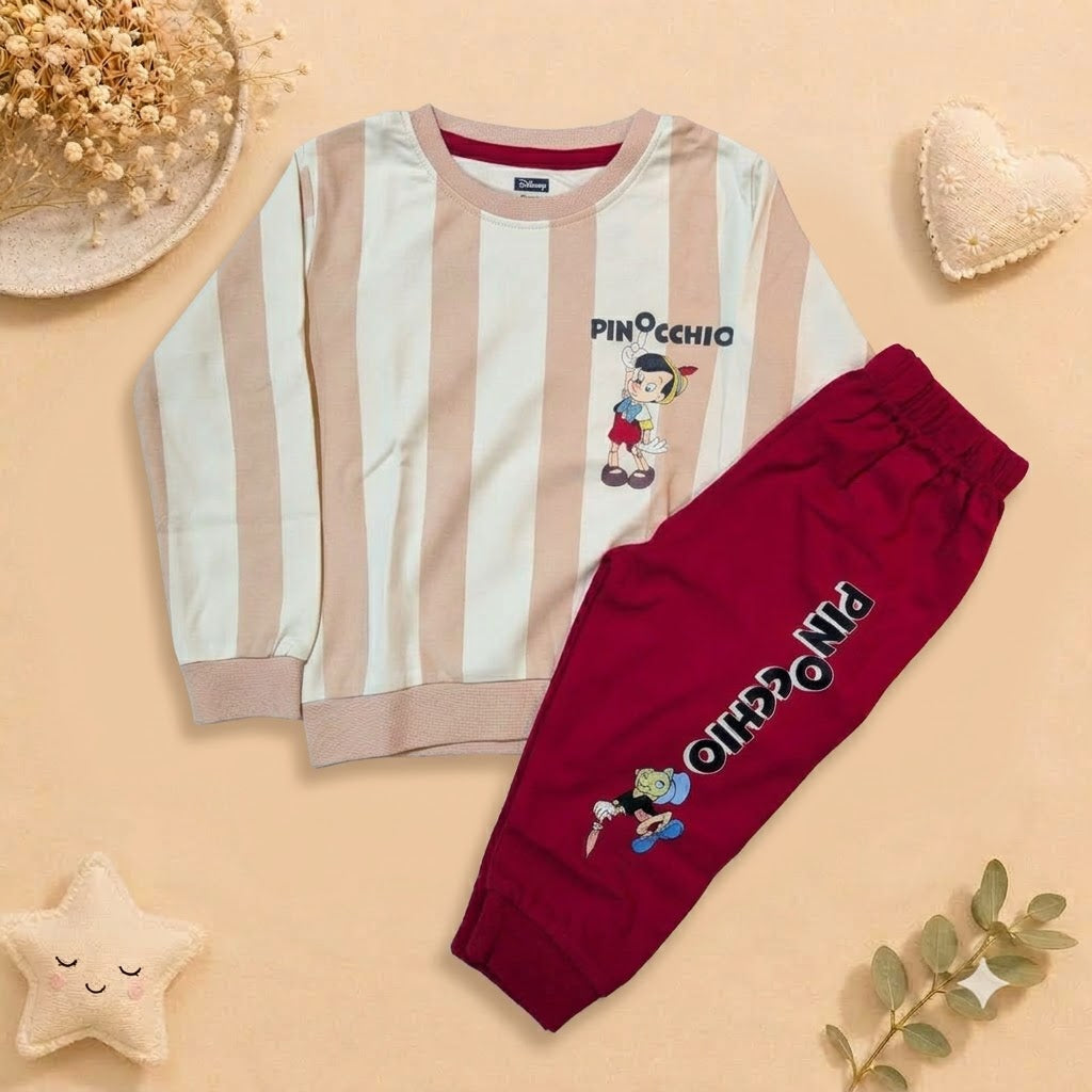 Boys Beige Striped Pinocchio Sweatshirt & Deep Red Jogger Set
