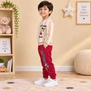 Boys Beige Striped Pinocchio Sweatshirt & Deep Red Jogger Set