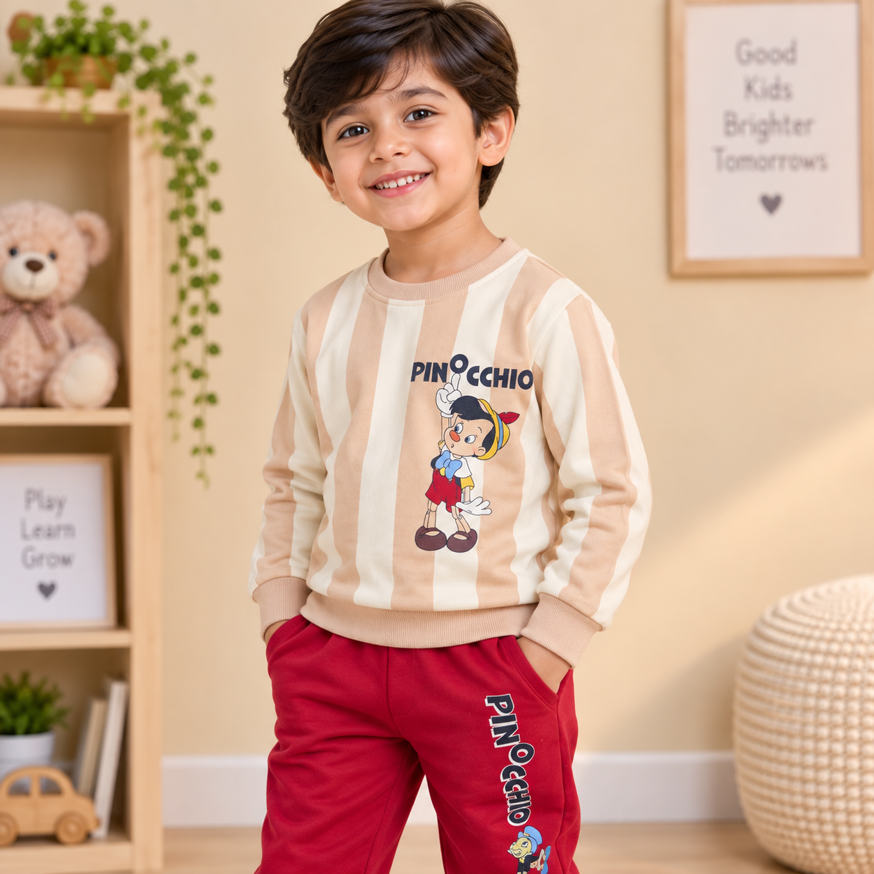 Boys Beige Striped Pinocchio Sweatshirt & Deep Red Jogger Set