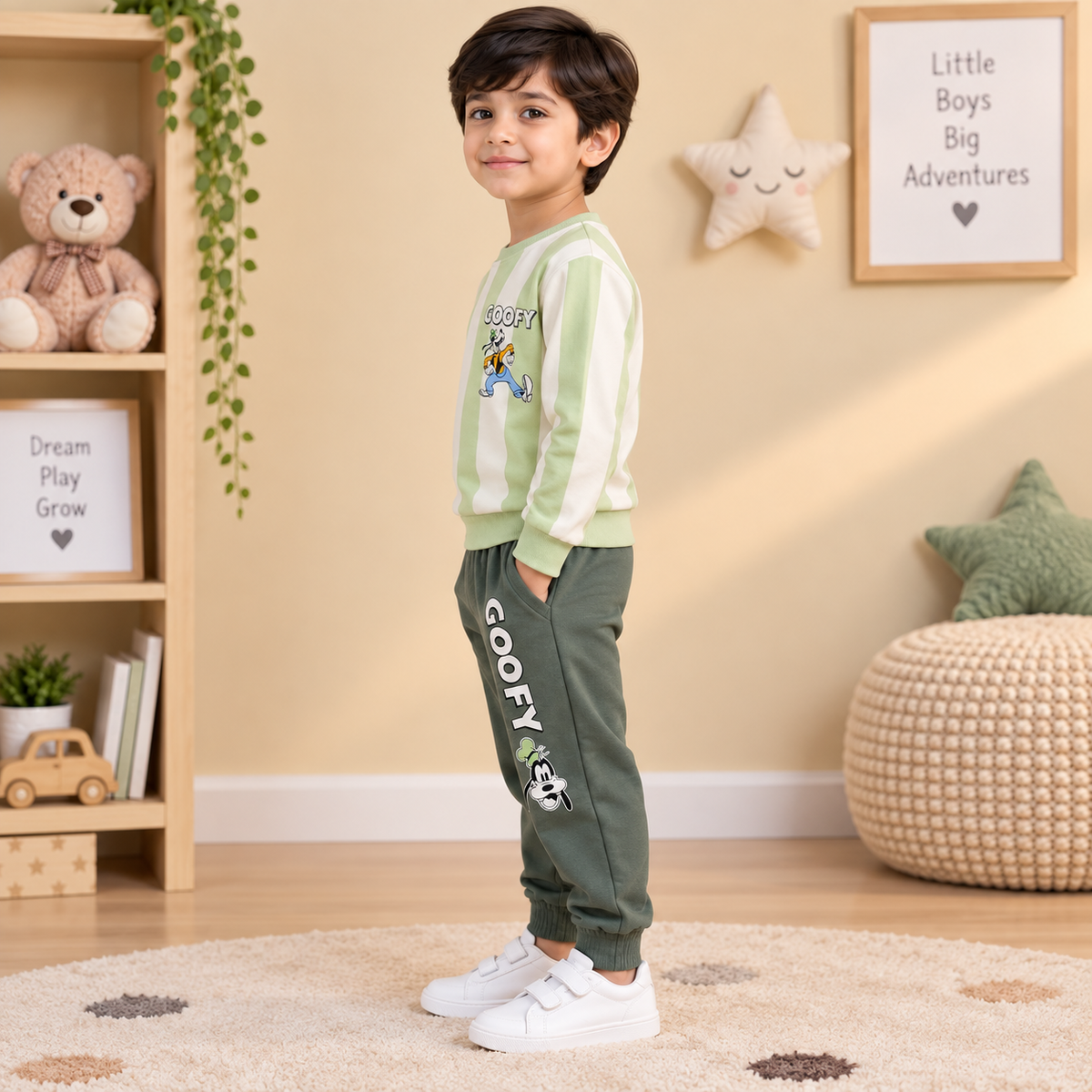 Boys Mint Green Striped Disney Goofy Sweatshirt & Jogger Set