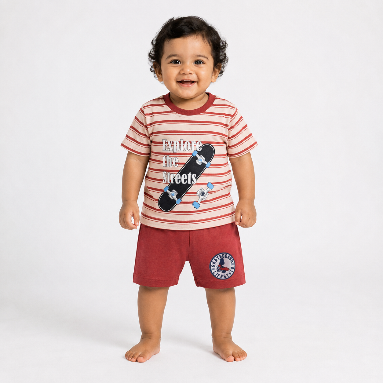 Boys Explore the Streets Skateboard Striped Tee and Shorts Set