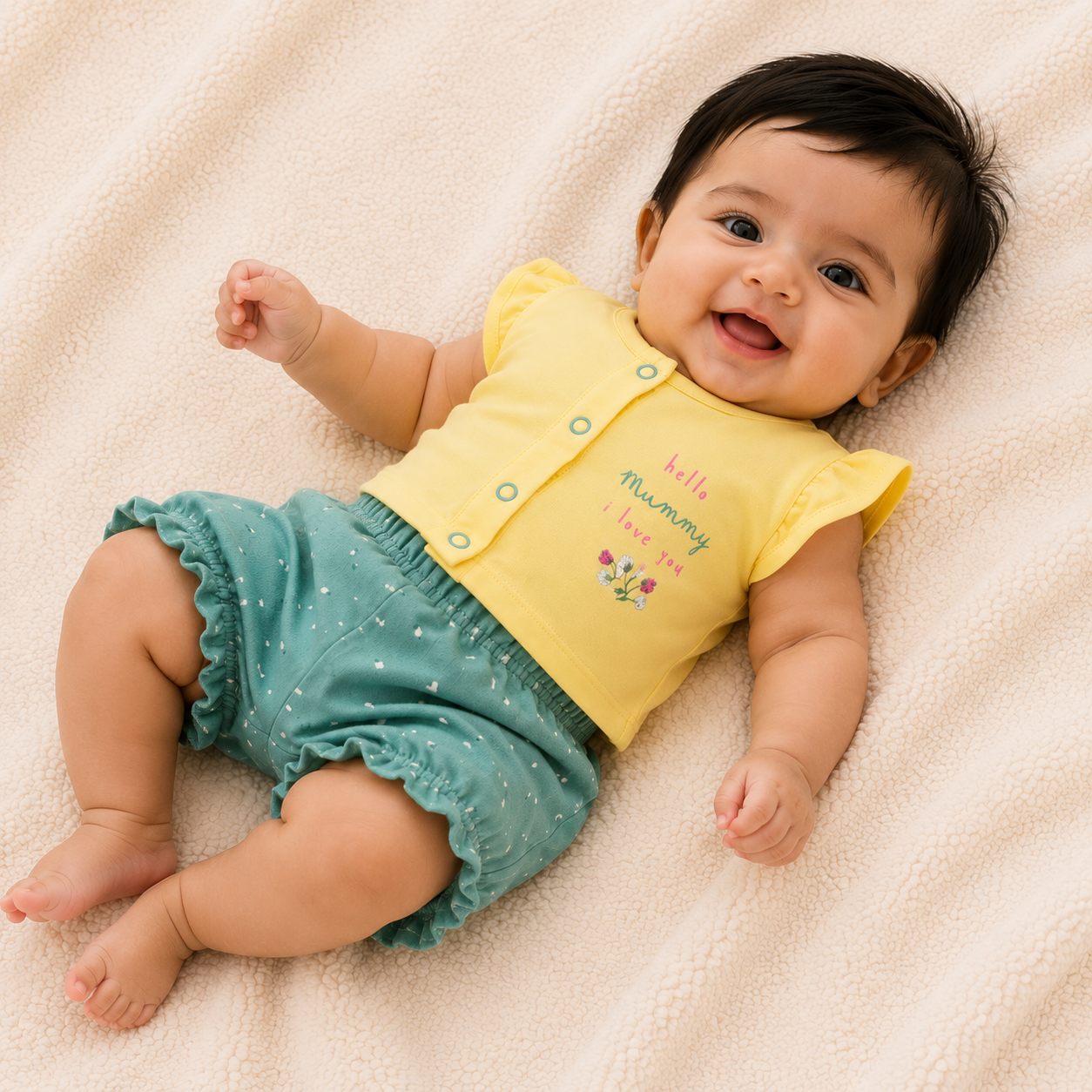 Baby Girls Hello Mummy Ruffle Top and Teal Shorts Set