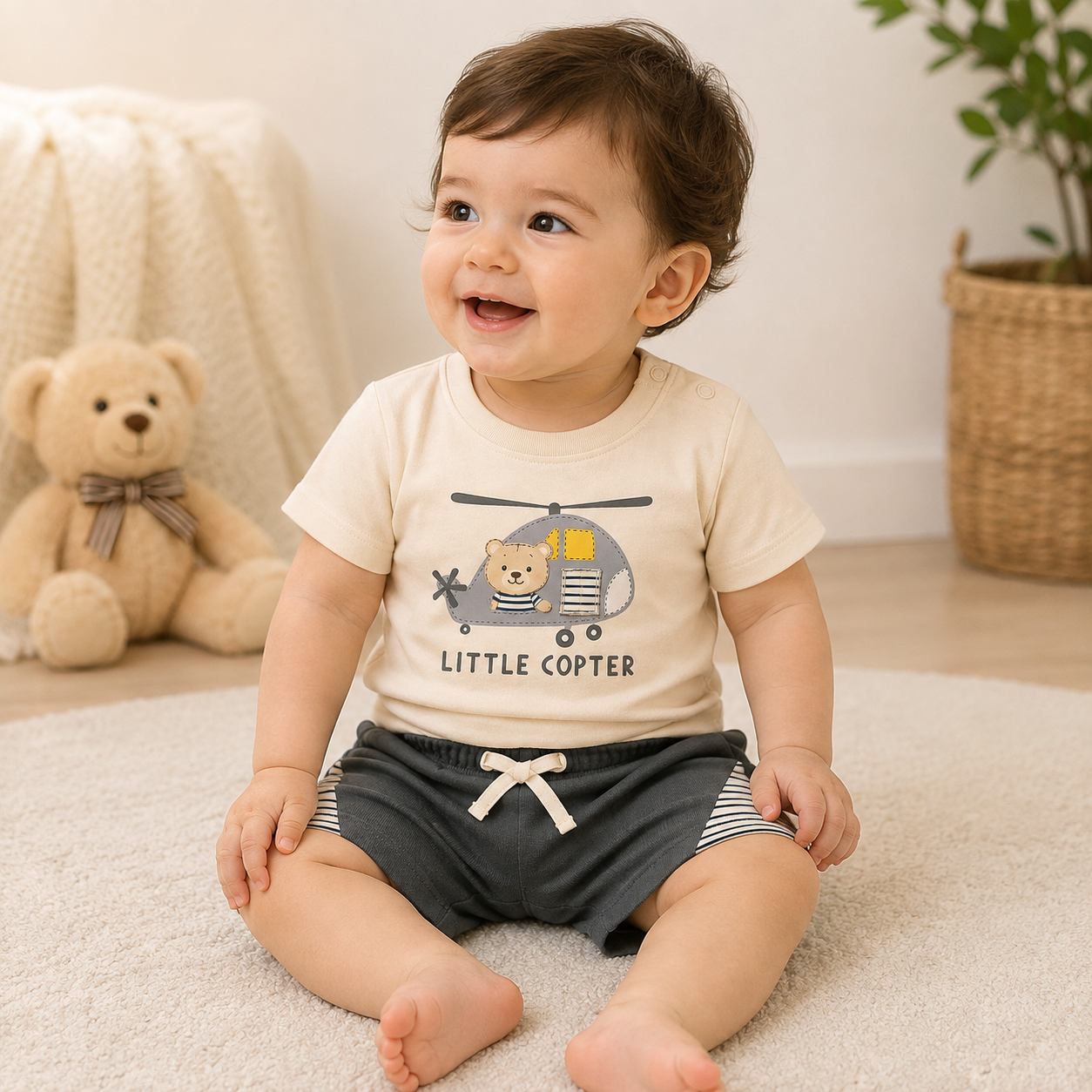 Baby Boys Little Copter Shoulder Button Tee and Charcoal Shorts Set