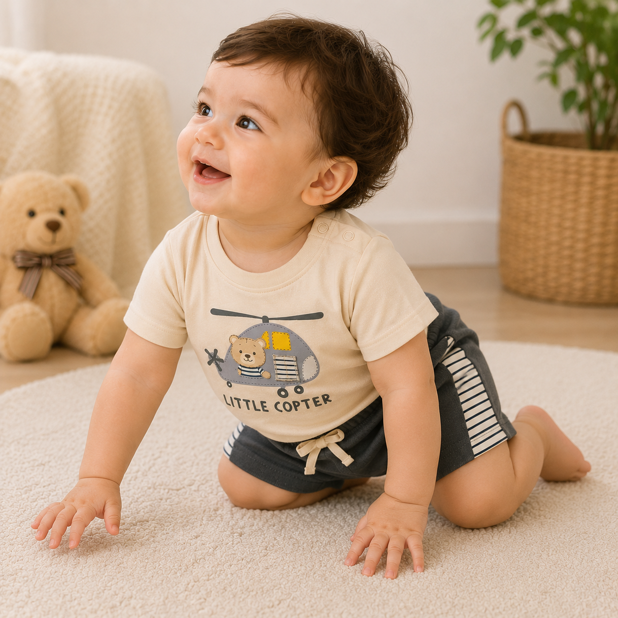 Baby Boys Little Copter Shoulder Button Tee and Charcoal Shorts Set