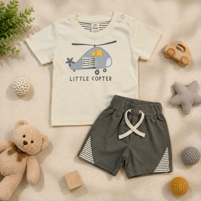 Baby Boys Little Copter Shoulder Button Tee and Charcoal Shorts Set