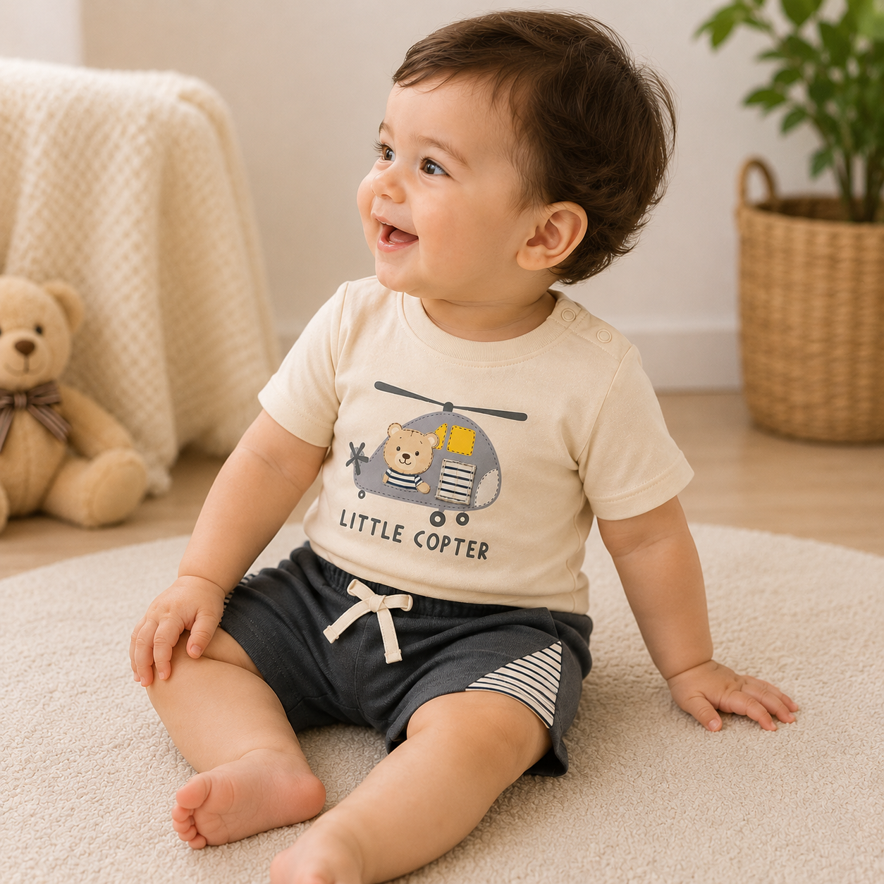 Baby Boys Little Copter Shoulder Button Tee and Charcoal Shorts Set