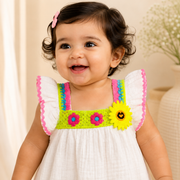 Baby Girls Peach Muslin Cotton Crochet Flower Accent Ruffle Dress