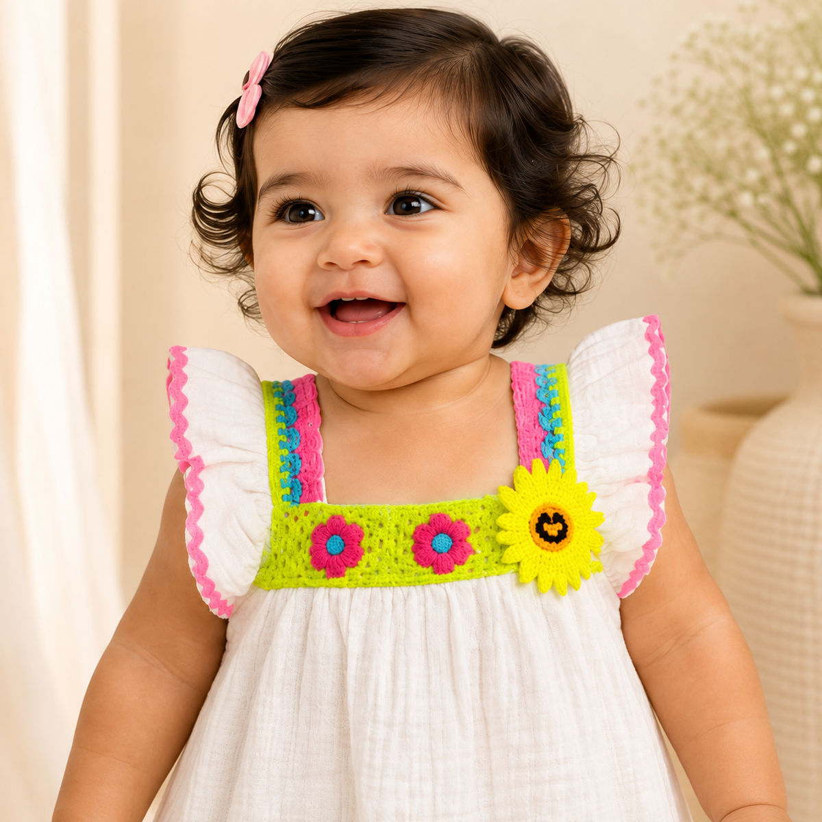 Baby Girls Peach Muslin Cotton Crochet Flower Accent Ruffle Dress