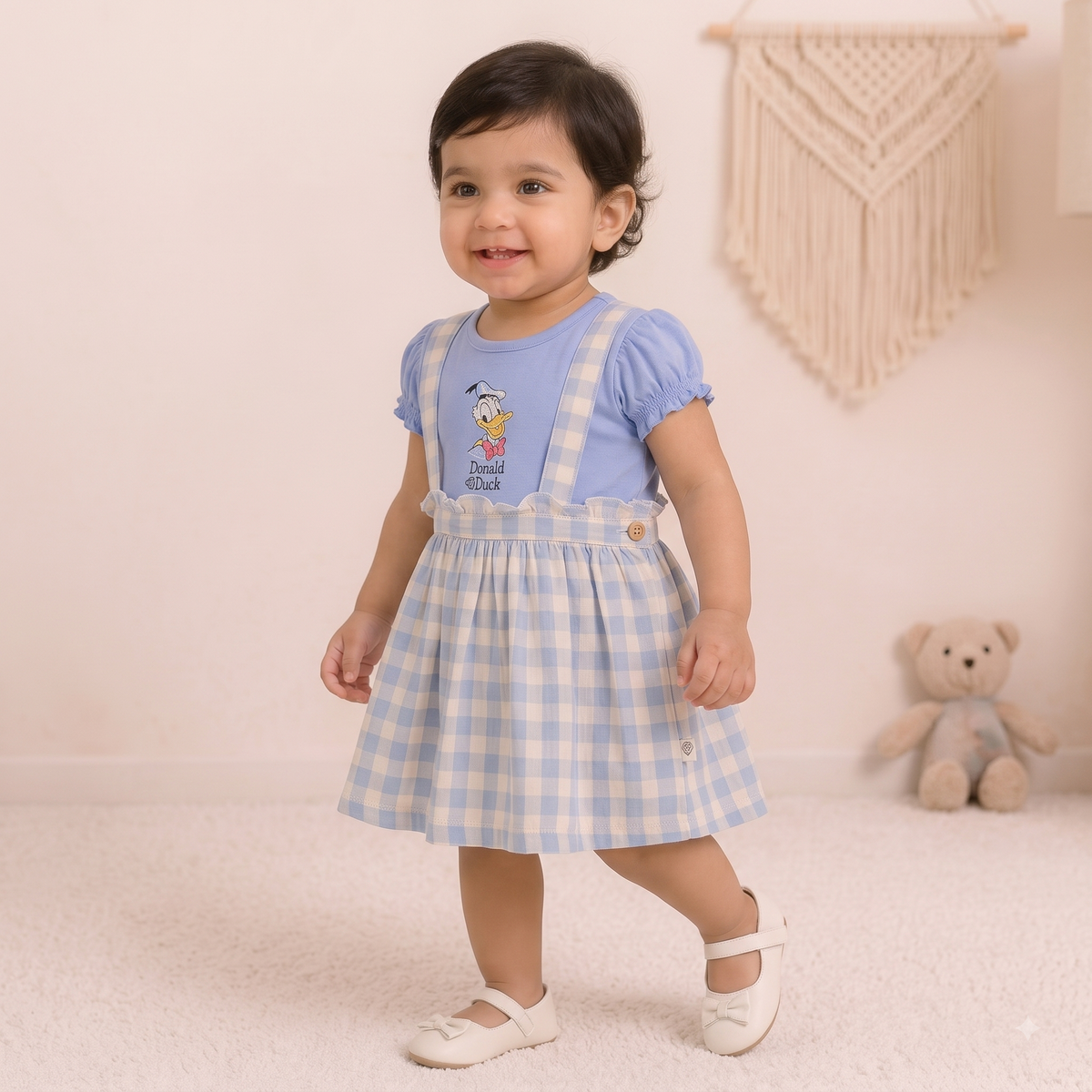 Baby Girls Sky Blue Donald Duck Gingham Pinafore Dress