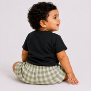 Boys Going on Adventures Black Graphic Tee and Green Gingham Shorts Set