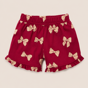 Baby Girls Maroon Bow Print Peter Pan Collar Top and Shorts Set