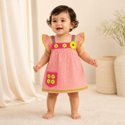 Baby Girls Peach Muslin Cotton Crochet Flower Accent Ruffle Dress