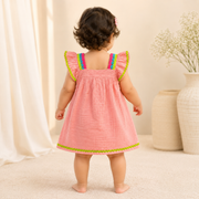 Baby Girls Peach Muslin Cotton Crochet Flower Accent Ruffle Dress