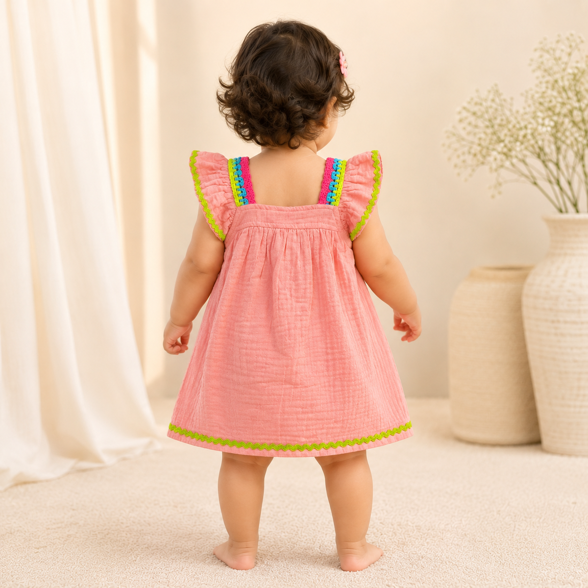 Baby Girls Peach Muslin Cotton Crochet Flower Accent Ruffle Dress