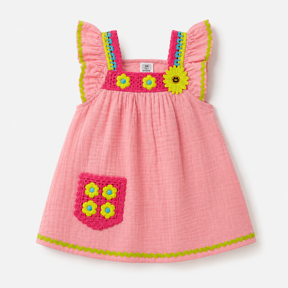 Baby Girls Peach Muslin Cotton Crochet Flower Accent Ruffle Dress