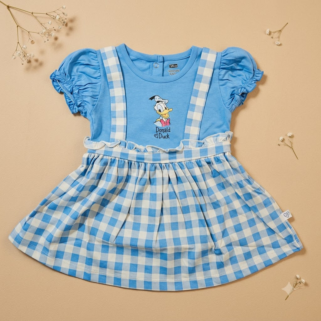 Baby Girls Sky Blue Donald Duck Gingham Pinafore Dress