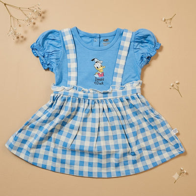 Baby Girls Sky Blue Donald Duck Gingham Pinafore Dress